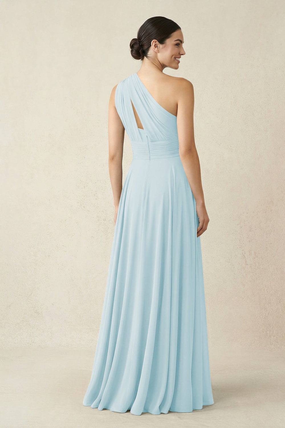 One - Shoulder A - Line Pleated Chiffon Bridesmaid Dress in Sky Blue - KISS BRIDAL Bridesmaid Dresses