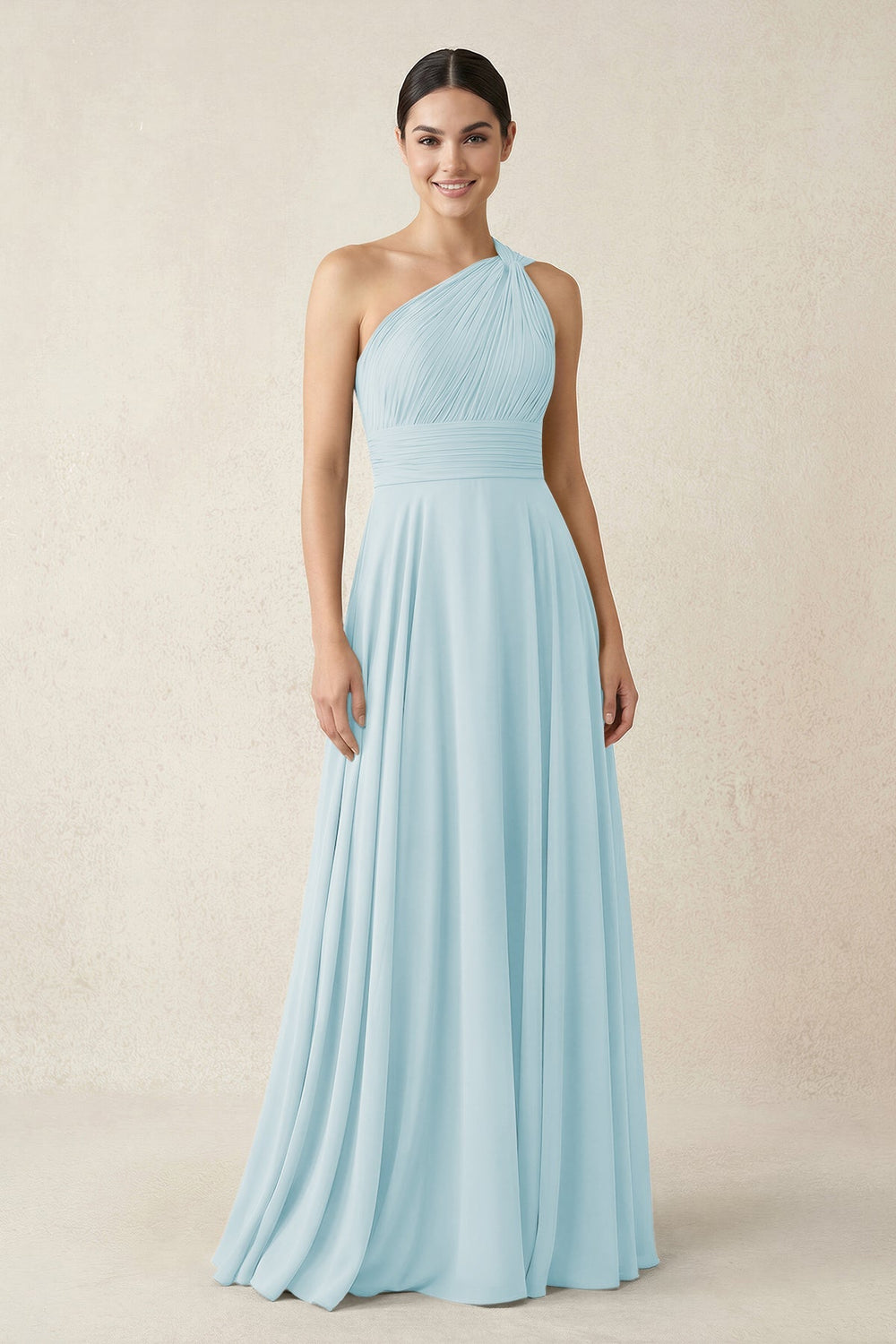 One - Shoulder A - Line Pleated Chiffon Bridesmaid Dress in Sky Blue - KISS BRIDAL Bridesmaid Dresses