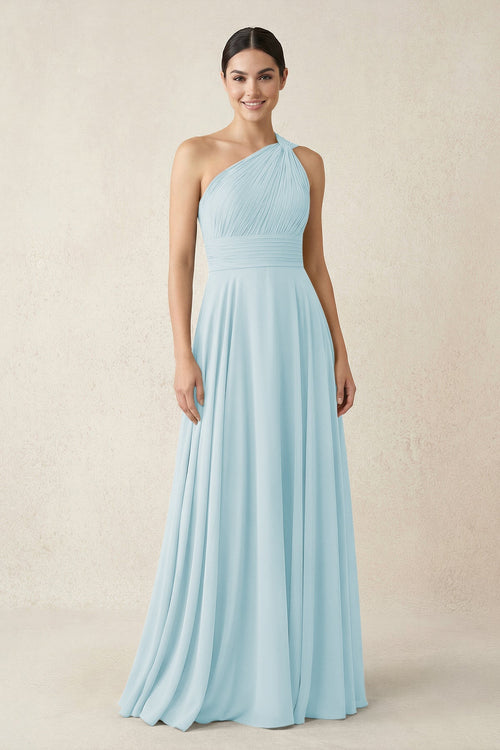 One - Shoulder A - Line Pleated Chiffon Bridesmaid Dress in Sky Blue - SHE IS ME Bridesmaid Dresses