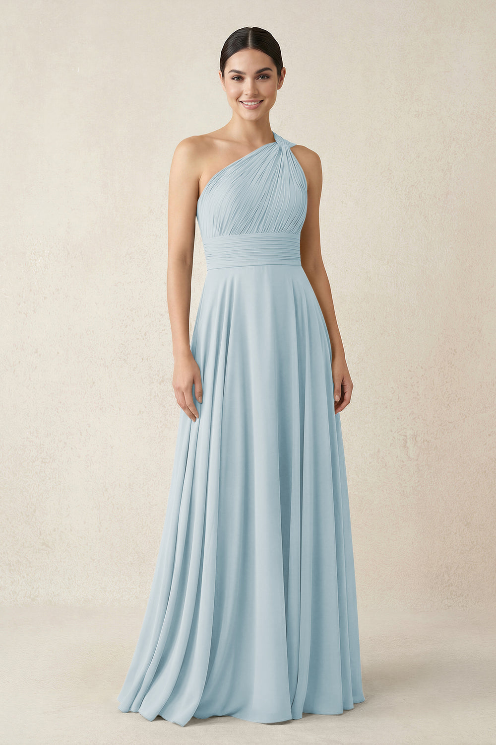 One-Shoulder A-Line Pleated Chiffon Bridesmaid Dress in Sky Blue