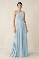 One-Shoulder A-Line Pleated Chiffon Bridesmaid Dress in Sky Blue | KISSBRIDAL