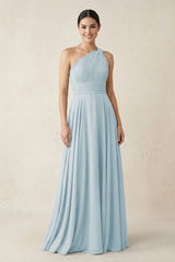 One-Shoulder A-Line Pleated Chiffon Bridesmaid Dress in Sky Blue | KISSBRIDAL