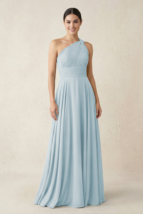 One-Shoulder A-Line Pleated Chiffon Bridesmaid Dress in Sky Blue | KISSBRIDAL