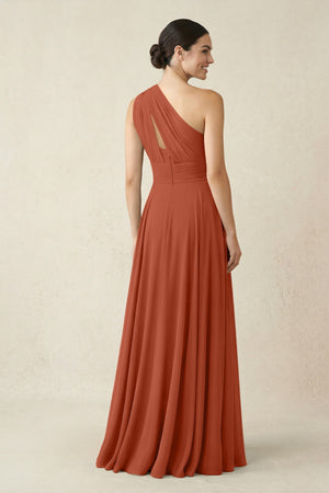 One - Shoulder A - Line Pleated Chiffon Bridesmaid Dress in Spice - SHE IS ME Bridesmaid Dresses