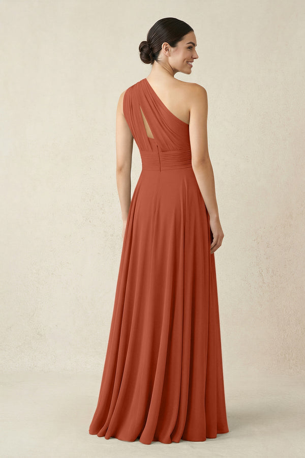 One - Shoulder A - Line Pleated Chiffon Bridesmaid Dress in Spice - SHE IS ME Bridesmaid Dresses