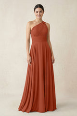 One - Shoulder A - Line Pleated Chiffon Bridesmaid Dress in Spice - KISS BRIDAL Bridesmaid Dresses