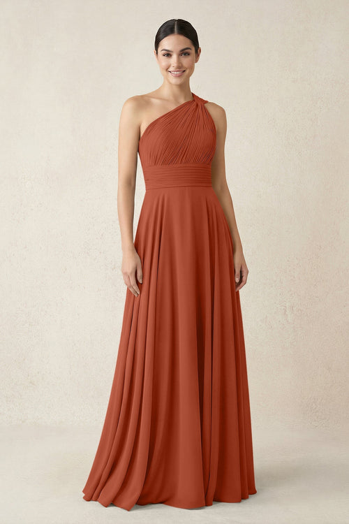 One - Shoulder A - Line Pleated Chiffon Bridesmaid Dress in Spice - SHE IS ME Bridesmaid Dresses