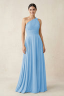 One - Shoulder A - Line Pleated Chiffon Bridesmaid Dress in Steel Blue - SHE IS ME Bridesmaid Dresses