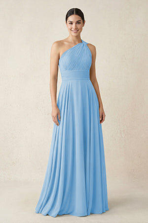 One - Shoulder A - Line Pleated Chiffon Bridesmaid Dress in Steel Blue - SHE IS ME Bridesmaid Dresses