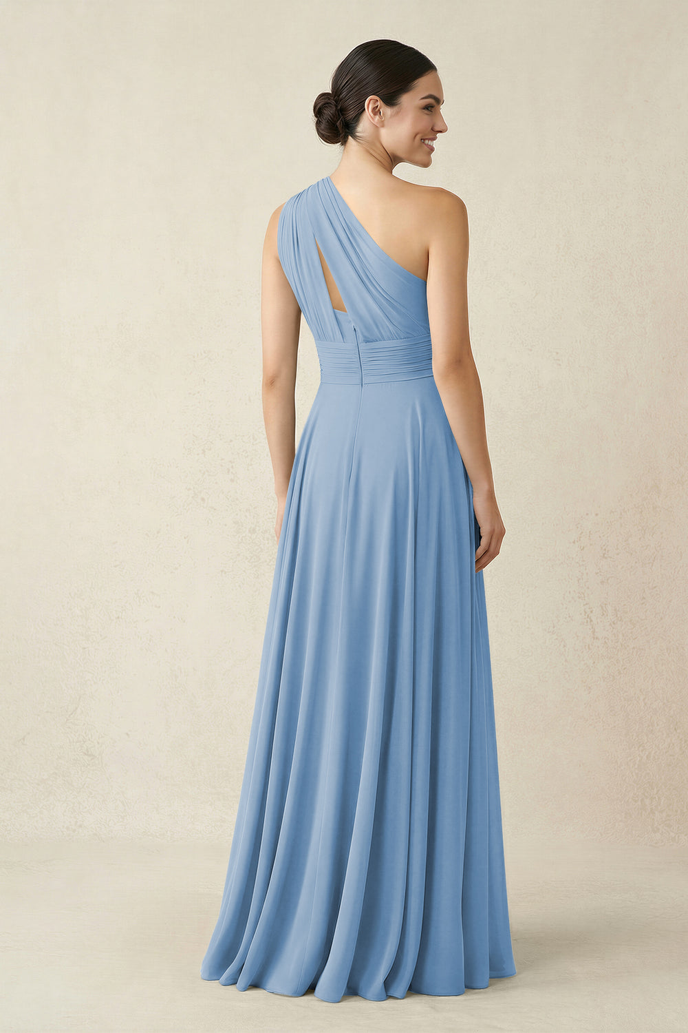 One-Shoulder A-Line Pleated Chiffon Bridesmaid Dress in Steel Blue