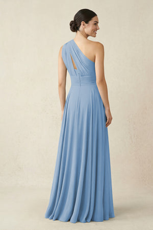 One-Shoulder A-Line Pleated Chiffon Bridesmaid Dress in Steel Blue (2) | KISSBRIDAL