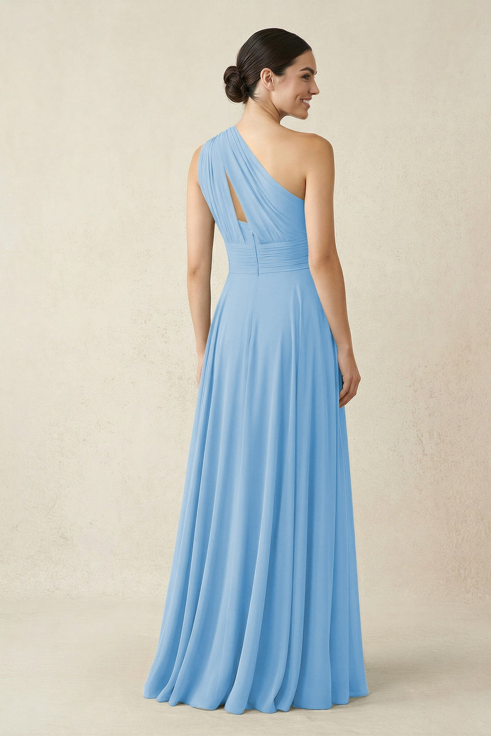 One - Shoulder A - Line Pleated Chiffon Bridesmaid Dress in Steel Blue - KISS BRIDAL Bridesmaid Dresses