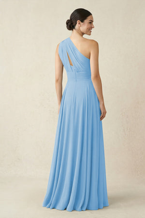 One - Shoulder A - Line Pleated Chiffon Bridesmaid Dress in Steel Blue - SHE IS ME Bridesmaid Dresses