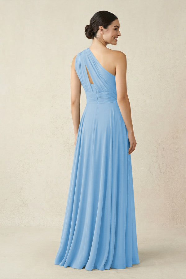 One - Shoulder A - Line Pleated Chiffon Bridesmaid Dress in Steel Blue - SHE IS ME Bridesmaid Dresses