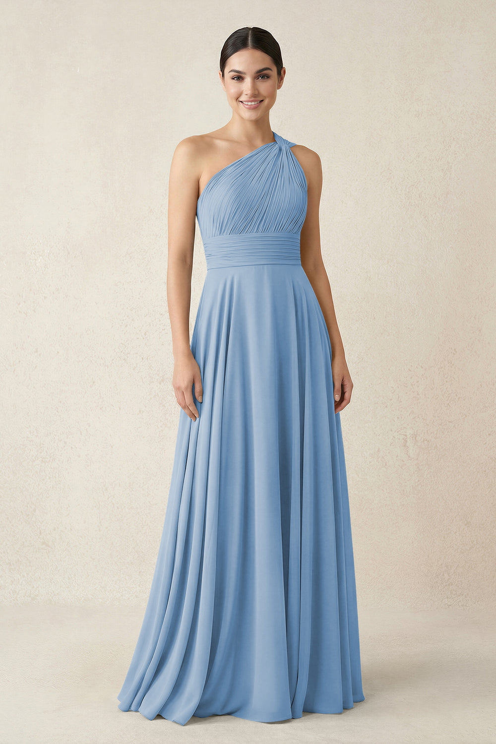 One-Shoulder A-Line Pleated Chiffon Bridesmaid Dress in Steel Blue