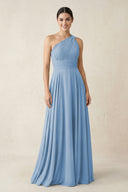 One-Shoulder A-Line Pleated Chiffon Bridesmaid Dress in Steel Blue | KISSBRIDAL