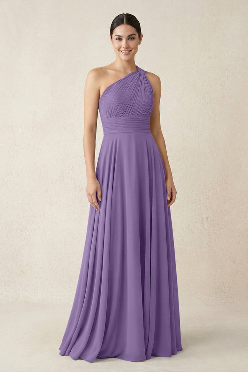 One - Shoulder A - Line Pleated Chiffon Bridesmaid Dress in Tahiti - SHE IS ME Bridesmaid Dresses