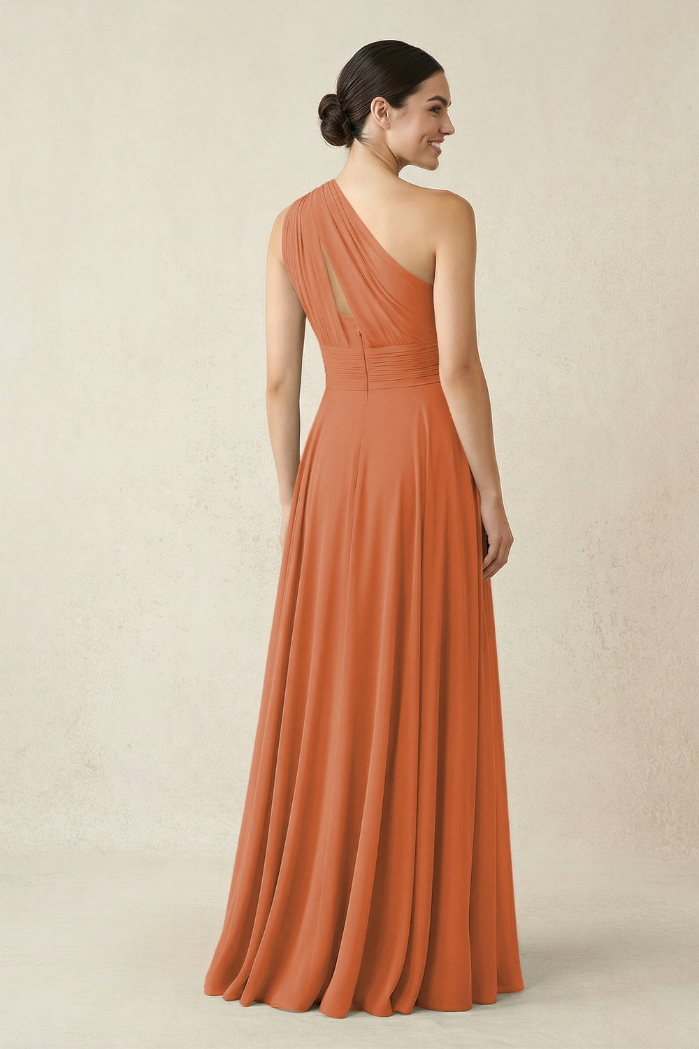 One - Shoulder A - Line Pleated Chiffon Bridesmaid Dress in Terracotta - KISS BRIDAL Bridesmaid Dresses