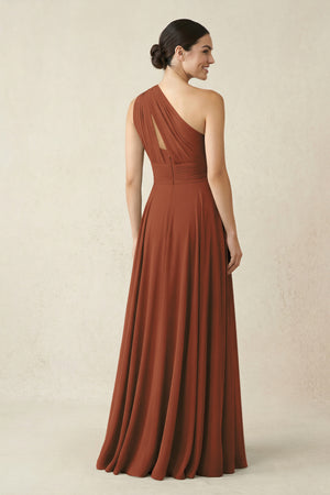 One-Shoulder A-Line Pleated Chiffon Bridesmaid Dress in Terracotta (2) | KISSBRIDAL