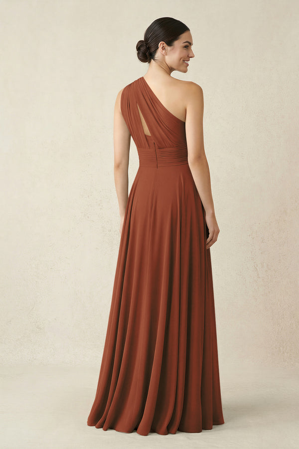One-Shoulder A-Line Pleated Chiffon Bridesmaid Dress in Terracotta (2) | KISSBRIDAL