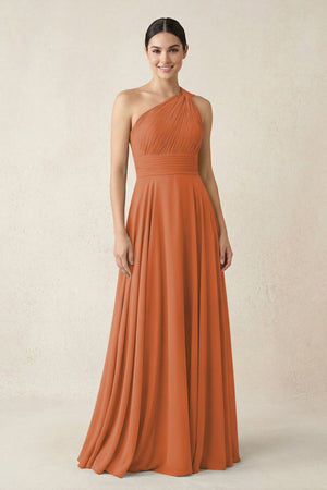 One - Shoulder A - Line Pleated Chiffon Bridesmaid Dress in Terracotta - SHE IS ME Bridesmaid Dresses