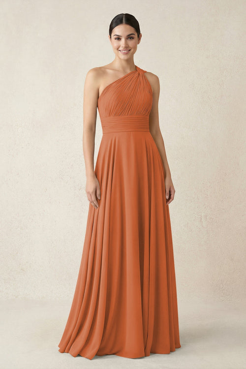 One - Shoulder A - Line Pleated Chiffon Bridesmaid Dress in Terracotta - SHE IS ME Bridesmaid Dresses