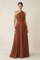 One-Shoulder A-Line Pleated Chiffon Bridesmaid Dress in Terracotta | KISSBRIDAL