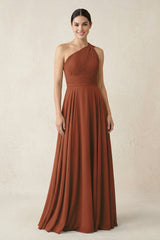 One-Shoulder A-Line Pleated Chiffon Bridesmaid Dress in Terracotta | KISSBRIDAL