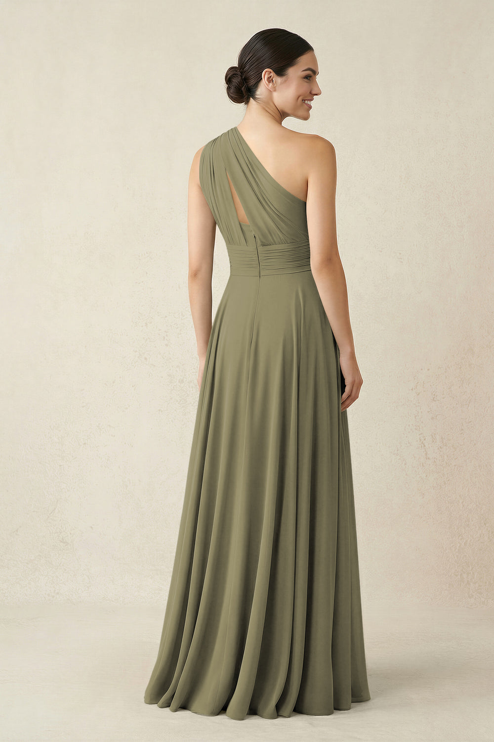 One-Shoulder A-Line Pleated Chiffon Bridesmaid Dress in Thyme