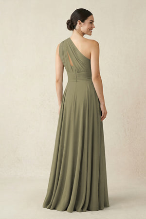 One-Shoulder A-Line Pleated Chiffon Bridesmaid Dress in Thyme (2) | KISSBRIDAL