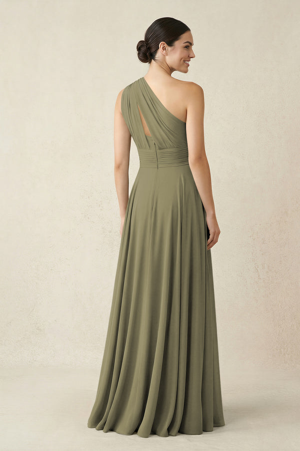 One-Shoulder A-Line Pleated Chiffon Bridesmaid Dress in Thyme (2) | KISSBRIDAL