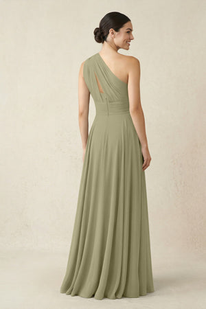 One - Shoulder A - Line Pleated Chiffon Bridesmaid Dress in Thyme - SHE IS ME Bridesmaid Dresses