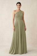 One - Shoulder A - Line Pleated Chiffon Bridesmaid Dress in Thyme - SHE IS ME Bridesmaid Dresses
