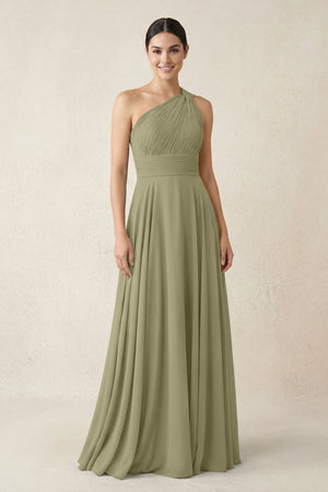 One - Shoulder A - Line Pleated Chiffon Bridesmaid Dress in Thyme - SHE IS ME Bridesmaid Dresses