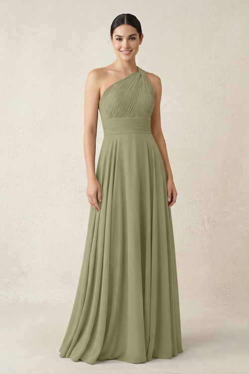One - Shoulder A - Line Pleated Chiffon Bridesmaid Dress in Thyme - SHE IS ME Bridesmaid Dresses