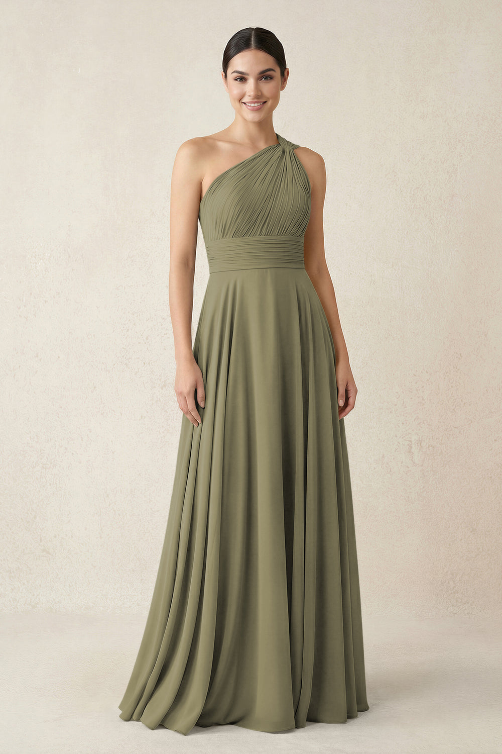 One-Shoulder A-Line Pleated Chiffon Bridesmaid Dress in Thyme