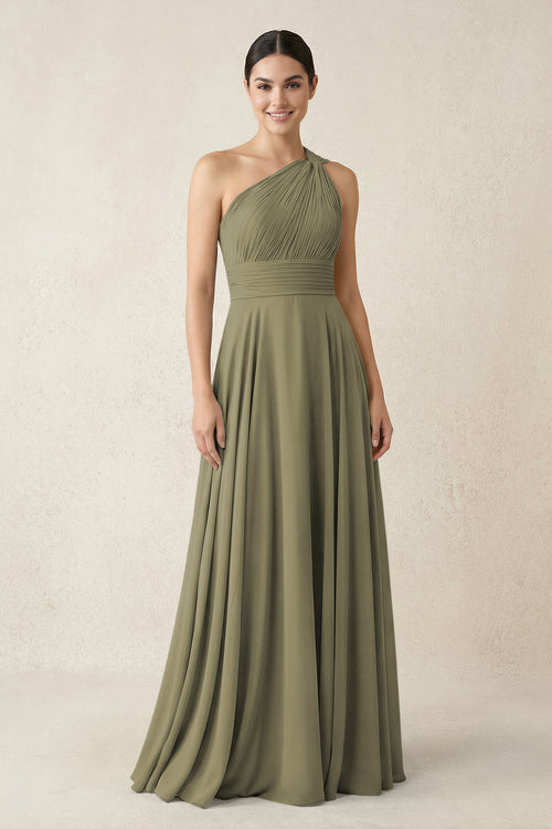 One-Shoulder A-Line Pleated Chiffon Bridesmaid Dress in Thyme | KISSBRIDAL