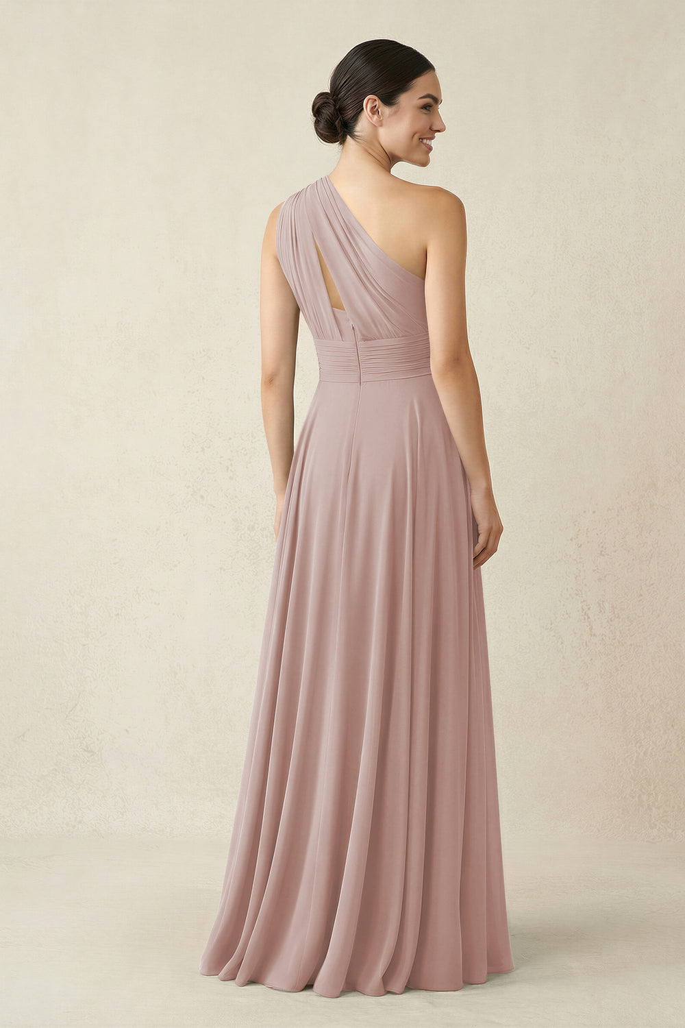 One-Shoulder A-Line Pleated Chiffon Bridesmaid Dress in Toffee