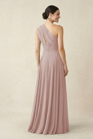 One-Shoulder A-Line Pleated Chiffon Bridesmaid Dress in Toffee (2) | KISSBRIDAL
