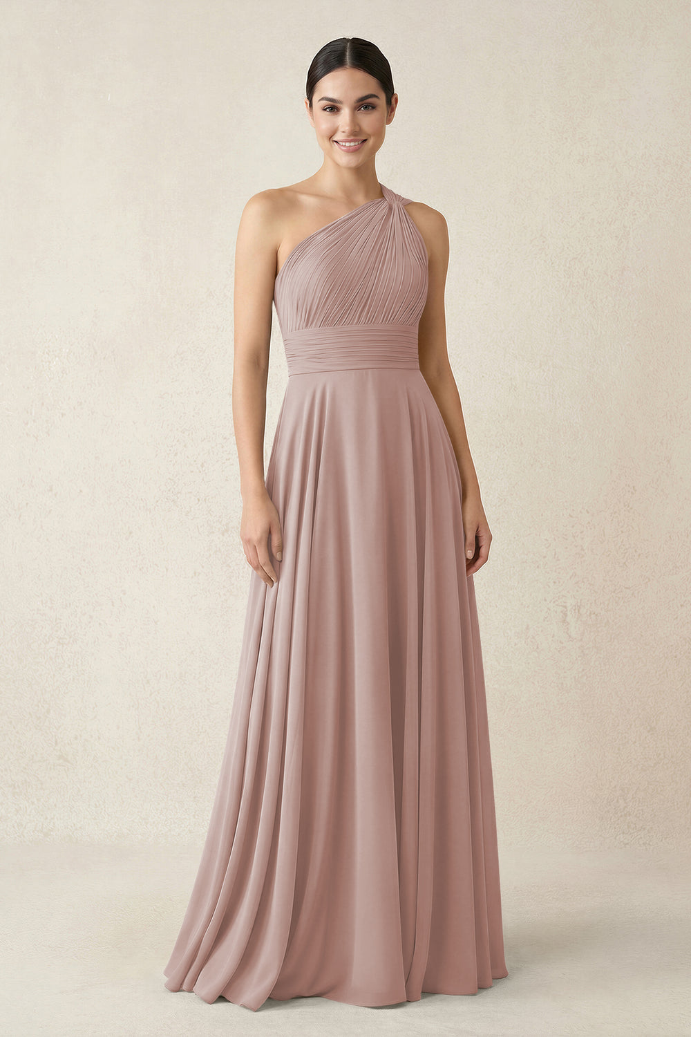 One-Shoulder A-Line Pleated Chiffon Bridesmaid Dress in Toffee