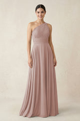 One-Shoulder A-Line Pleated Chiffon Bridesmaid Dress in Toffee | KISSBRIDAL