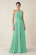 One - Shoulder A - Line Pleated Chiffon Bridesmaid Dress in Turquoise - SHE IS ME Bridesmaid Dresses