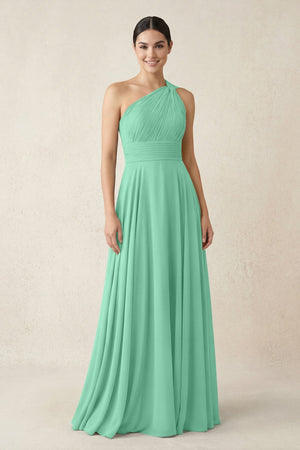 One - Shoulder A - Line Pleated Chiffon Bridesmaid Dress in Turquoise - SHE IS ME Bridesmaid Dresses