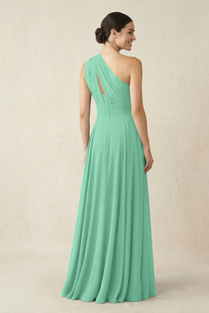 One - Shoulder A - Line Pleated Chiffon Bridesmaid Dress in Turquoise - SHE IS ME Bridesmaid Dresses