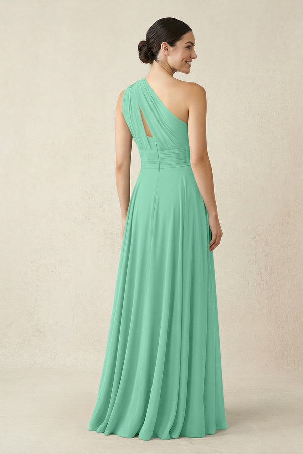 One - Shoulder A - Line Pleated Chiffon Bridesmaid Dress in Turquoise - SHE IS ME Bridesmaid Dresses