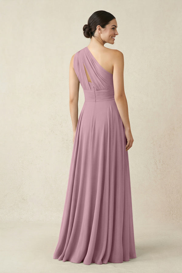 One-Shoulder A-Line Pleated Chiffon Bridesmaid Dress in Vintage Mauve (2) | KISSBRIDAL