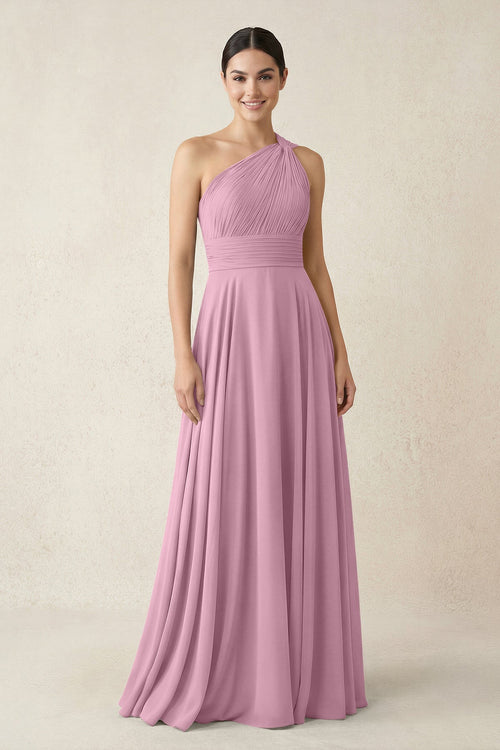 One - Shoulder A - Line Pleated Chiffon Bridesmaid Dress in Vintage Mauve - SHE IS ME Bridesmaid Dresses