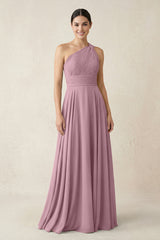 One-Shoulder A-Line Pleated Chiffon Bridesmaid Dress in Vintage Mauve | KISSBRIDAL