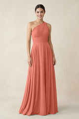 One - Shoulder A - Line Pleated Chiffon Bridesmaid Dress in Wild Rose - KISS BRIDAL Bridesmaid Dresses