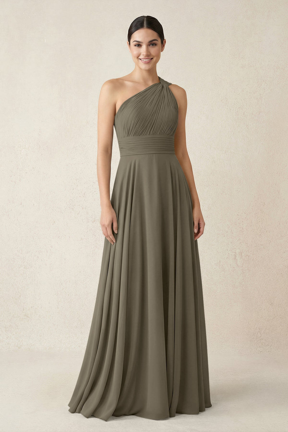 One - Shoulder A - Line Pleated Chiffon Bridesmaid Dress in Willow Green - KISS BRIDAL Bridesmaid Dresses
